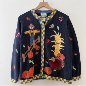 Vintage 90s Quacker Factory Thanksgiving Embroidered Button Up Cardigan Sweater